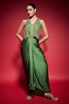 Neha Mehra_Green Georgette Beads, Sequins, Metallic Thread V-neck Hand Embroidered Jacket _Online_at_Aza_Fashions