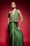 Buy_Neha Mehra_Green Georgette Beads, Sequins, Metallic Thread V-neck Hand Embroidered Jacket 