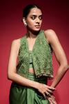 Shop_Neha Mehra_Green Georgette Beads, Sequins, Metallic Thread V-neck Hand Embroidered Jacket _at_Aza_Fashions