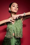 Neha Mehra_Green Georgette Beads, Sequins, Metallic Thread V-neck Hand Embroidered Jacket _Online