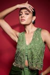 Buy_Neha Mehra_Green Georgette Beads, Sequins, Metallic Thread V-neck Hand Embroidered Jacket _Online