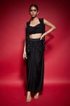 Buy_Neha Mehra_Black Crepe Embroidery, Mirrors Open Neck, Sweetheart Jacket Draped Skirt Set _at_Aza_Fashions