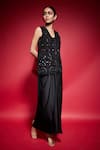 Buy_Neha Mehra_Black Crepe Embroidery, Mirrors Open Neck, Sweetheart Jacket Draped Skirt Set _Online_at_Aza_Fashions