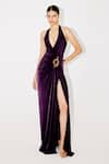 Buy_Tisharth by Shivani_Purple Polyester Buckles Halter Neck Gown _at_Aza_Fashions