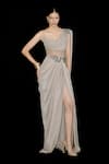 Buy Tisharth by Shivani Beige Polyester Embroidery, Stones One Shoulder Draped Gown at Aza Fashions Buy_Tisharth by Shivani_Beige Polyester Embroidery, Stones One Shoulder Draped Gown _at_Aza_Fashions