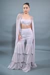 Buy Tisharth by Shivani Pink Polyester Ruffles Sweetheart Neck, Open Embellished Cape Tiered Pant Set at Aza Fashions Buy_Tisharth by Shivani_Pink Polyester Ruffles Sweetheart Neck, Open Embellished Cape Tiered Pant Set _at_Aza_Fashions