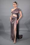 Buy_Tisharth by Shivani_Rose Gold Polyester Rhinestones One Shoulder Draped Cutout Gown _at_Aza_Fashions