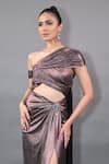 Tisharth by Shivani_Rose Gold Polyester Rhinestones One Shoulder Draped Cutout Gown _Online_at_Aza_Fashions