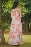 Shop_AMRIN KHAN_Green Georgette, Organza Halter Neck Sage Floral One Piece Dress _at_Aza_Fashions