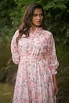 AMRIN KHAN Pink Georgette, Organza Collared Blush Floral One Piece Dress Online at Aza Fashions AMRIN KHAN_Pink Georgette, Organza Collared Blush Floral One Piece Dress _Online_at_Aza_Fashions
