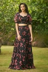 Buy_AMRIN KHAN_Black Georgette, Organza Sweetheart Neck Floral Print Blouse And Skirt Set _at_Aza_Fashions