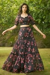 Buy_AMRIN KHAN_Black Georgette, Organza Sweetheart Neck Floral Print Blouse And Skirt Set _Online_at_Aza_Fashions