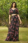 Shop_AMRIN KHAN_Black Georgette, Organza Sweetheart Neck Floral Print Blouse And Skirt Set _Online_at_Aza_Fashions