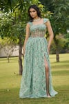 Buy_AMRIN KHAN_Green Georgette, Organza Sweetheart Neck Light Rama Floral One Piece Dress _at_Aza_Fashions