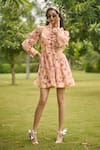 Buy AMRIN KHAN Peach Georgette, Organza Ruffles, Bows High Neck Blush Floral One Piece Dress at Aza Fashions Buy_AMRIN KHAN_Peach Georgette, Organza Ruffles, Bows High Neck Blush Floral One Piece Dress _at_Aza_Fashions