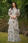 Buy_AMRIN KHAN_Green Georgette, Organza Round Neck Sage Floral One Piece Dress _at_Aza_Fashions