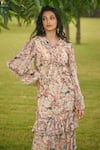 AMRIN KHAN_Peach Georgette, Organza V-neck Blush Floral One Piece Dress _Online_at_Aza_Fashions