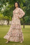 Buy_AMRIN KHAN_Peach Georgette, Organza V-neck Blush Floral One Piece Dress _Online_at_Aza_Fashions
