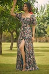 Buy_AMRIN KHAN_Olive Green Georgette, Organza Sweetheart Neck Floral Onepiece Dress _Online_at_Aza_Fashions