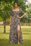 Buy_AMRIN KHAN_Olive Green Georgette, Organza Sweetheart Neck Floral Onepiece Dress _at_Aza_Fashions