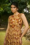 AMRIN KHAN Brown Georgette, Organza Round Neck Floral Onepiece Dress Online at Aza Fashions AMRIN KHAN_Brown Georgette, Organza Round Neck Floral Onepiece Dress _Online_at_Aza_Fashions