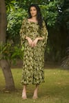 Buy_AMRIN KHAN_Green Georgette, Organza Square Neck Floral Onepiece Dress _at_Aza_Fashions