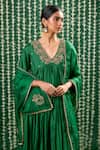 Shop_Cupid Cotton_Green Silk, Cotton Embroidery, Zari, Sequins V-neck Niva Zardosi Kurta Set _Online_at_Aza_Fashions