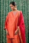 Cupid Cotton_Orange Silk, Tissue Embroidery Round Neck Sharini Resham Kurta And Pant Set _Online_at_Aza_Fashions