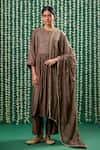 Buy_Cupid Cotton_Brown Silk Embroidery Split V-neck Keya Pitta Kurta And Pant Set _Online_at_Aza_Fashions