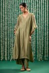Buy_Cupid Cotton_Olive Green Cotton, Silk Embroidery, Beads Eshana Aari Kaftan Kurta And Pant Set _at_Aza_Fashions