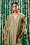 Shop_Cupid Cotton_Olive Green Cotton, Silk Embroidery, Beads Eshana Aari Kaftan Kurta And Pant Set _Online_at_Aza_Fashions