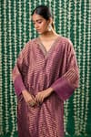 Cupid Cotton_Magenta Tissue, Silk Embroidery Dhana Striped Pattern Kaftan Kurta And Pant Set _Online_at_Aza_Fashions