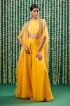 Buy_Cupid Cotton_Yellow Organza, Silk Sequins, Embroidery Round Neck, Open Riva Cape Sharara Set _at_Aza_Fashions