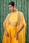 Cupid Cotton_Yellow Organza, Silk Sequins, Embroidery Round Neck, Open Riva Cape Sharara Set _Online_at_Aza_Fashions