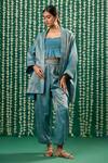 Buy_Cupid Cotton_Blue Tissue, Chanderi Sequins Open Neck, Vanya Embroidered Jacket Pant Set _at_Aza_Fashions