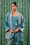 Buy_Cupid Cotton_Blue Tissue, Chanderi Sequins Open Neck, Vanya Embroidered Jacket Pant Set _Online_at_Aza_Fashions