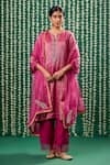 Buy_Cupid Cotton_Magenta Tissue, Chanderi, Organza Embroidery, Yashvi Striped Pattern Kurta Set _at_Aza_Fashions