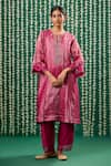 Buy_Cupid Cotton_Magenta Tissue, Chanderi Embroidery, Yashvi Striped Pattern Kurta And Pant Set _at_Aza_Fashions