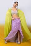 Shop_Anu Pellakuru_Green Crepe, Silk Beads, Pearls Cleopatra Glow Embroidered Cape Draped Skirt Set 