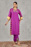 Shivani Bhargava_Purple Chanderi, Cotton Embroidery, Tassels Round Neck Block Print Kurta Set _Online_at_Aza_Fashions