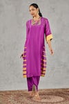 Buy_Shivani Bhargava_Purple Chanderi, Cotton Embroidery, Tassels Round Neck Block Print Kurta Set _Online_at_Aza_Fashions