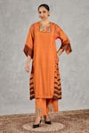Buy_Shivani Bhargava_Orange Chanderi Embroidery Round Neck Block Print And Hand Kurta _at_Aza_Fashions