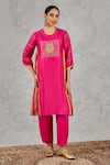 Buy_Shivani Bhargava_Pink Chanderi Embroidery, Piping Round Neck, Keyhole Block Print And Hand Kurta _at_Aza_Fashions