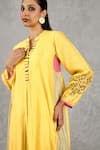Shop_Shivani Bhargava_Yellow Chanderi Embroidery, Piping Mandarin Collar Block Print And Hand Kurta _Online_at_Aza_Fashions