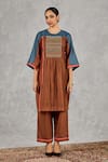 Shivani Bhargava_Brown Chanderi, Cotton Embroidery, Beads Round Neck Hand Kurta And Pant Set _Online_at_Aza_Fashions