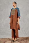 Buy_Shivani Bhargava_Brown Chanderi, Cotton Embroidery, Beads Round Neck Hand Kurta And Pant Set _Online_at_Aza_Fashions