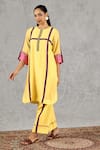 Shivani Bhargava_Yellow Chanderi, Cotton Embroidery Round Neck Hand Kurta And Pant Set _Online_at_Aza_Fashions