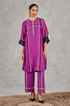 Shivani Bhargava_Purple Chanderi, Cotton Embroidery Round Neck Block Print Kurta And Pant Set _at_Aza_Fashions