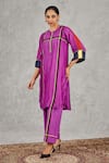 Buy_Shivani Bhargava_Purple Chanderi, Cotton Embroidery Round Neck Block Print Kurta And Pant Set 