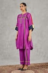 Shop_Shivani Bhargava_Purple Chanderi, Cotton Embroidery Round Neck Block Print Kurta And Pant Set 